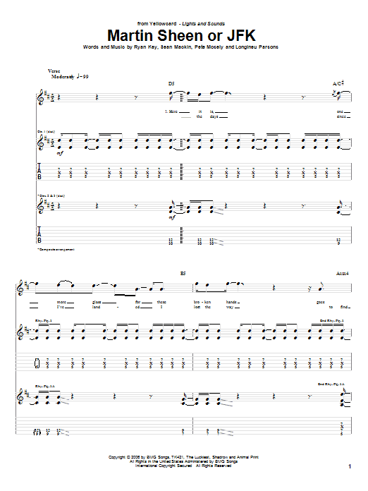 Yellowcard Martin Sheen Or JFK Sheet Music Notes & Chords for Guitar Tab - Download or Print PDF