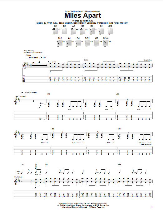 Yellowcard Miles Apart Sheet Music Notes & Chords for Guitar Tab - Download or Print PDF