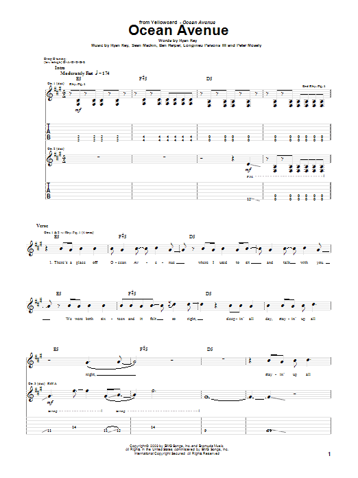 Yellowcard Ocean Avenue Sheet Music Notes & Chords for Easy Guitar Tab - Download or Print PDF