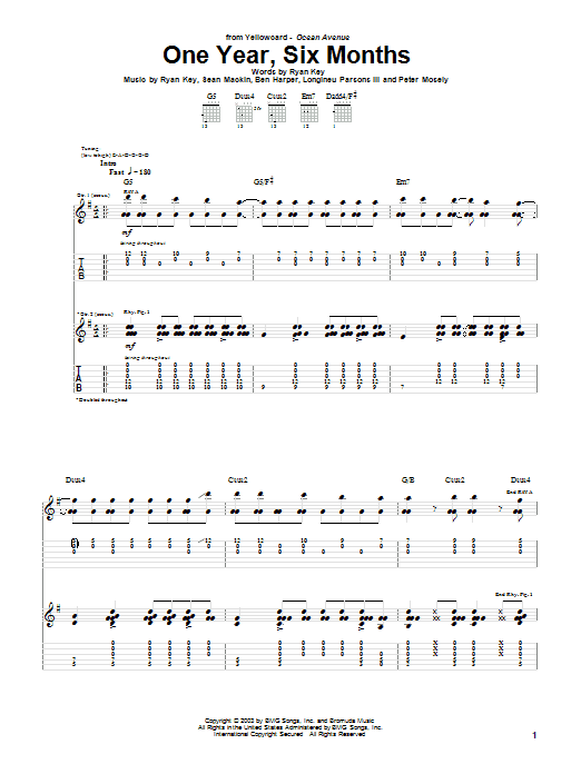 Yellowcard One Year, Six Months Sheet Music Notes & Chords for Guitar Tab - Download or Print PDF
