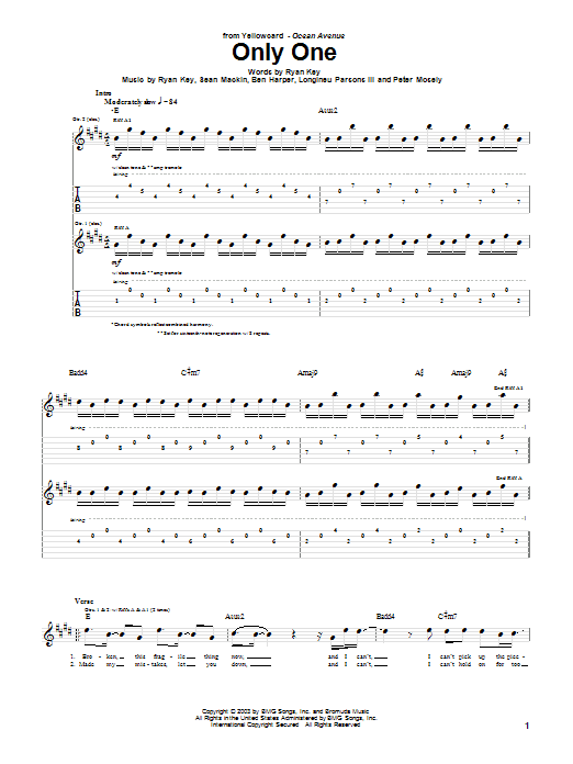 Yellowcard Only One Sheet Music Notes & Chords for Guitar Tab - Download or Print PDF