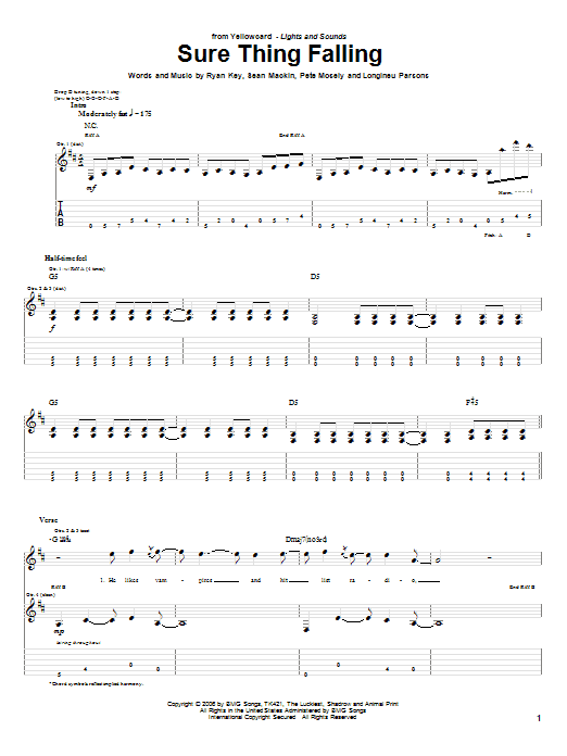 Yellowcard Sure Thing Falling Sheet Music Notes & Chords for Guitar Tab - Download or Print PDF