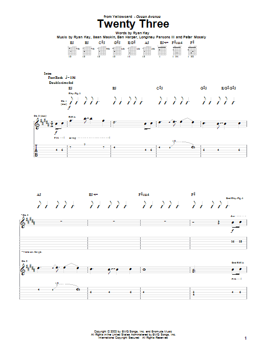 Yellowcard Twenty Three Sheet Music Notes & Chords for Guitar Tab - Download or Print PDF