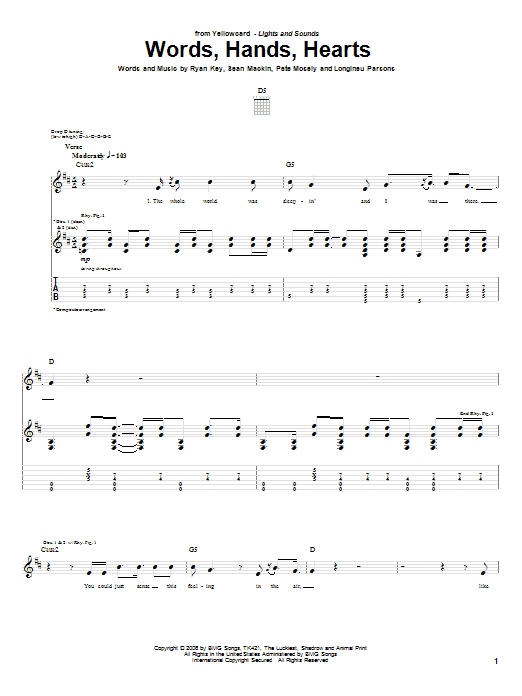 Yellowcard Words, Hands, Hearts Sheet Music Notes & Chords for Guitar Tab - Download or Print PDF