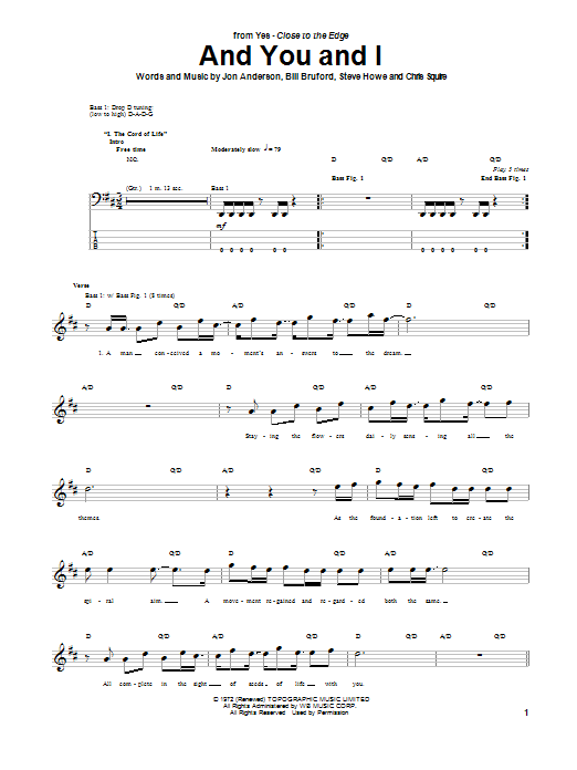 Yes And You And I Sheet Music Notes & Chords for Bass Guitar Tab - Download or Print PDF