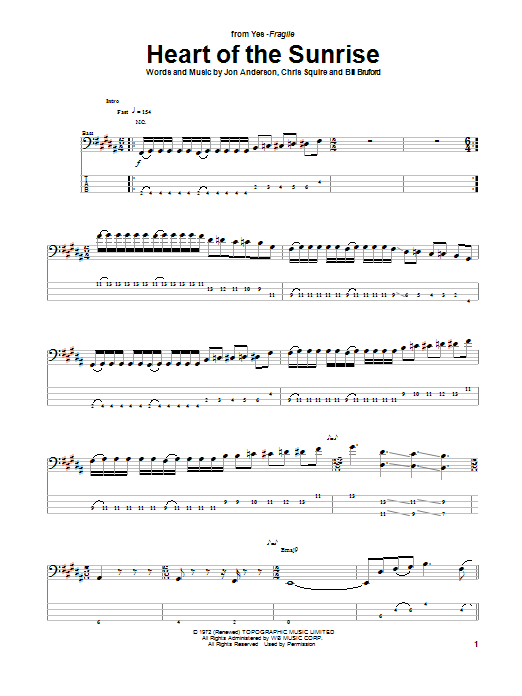 Yes Heart Of The Sunrise Sheet Music Notes & Chords for Bass Guitar Tab - Download or Print PDF