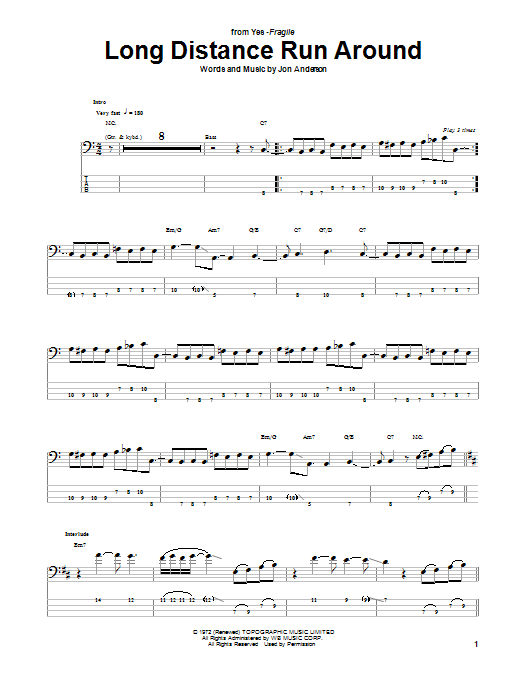 Yes Long Distance Run Around Sheet Music Notes & Chords for Bass Guitar Tab - Download or Print PDF