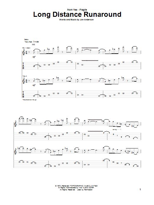 Yes Long Distance Runaround Sheet Music Notes & Chords for Guitar Tab - Download or Print PDF