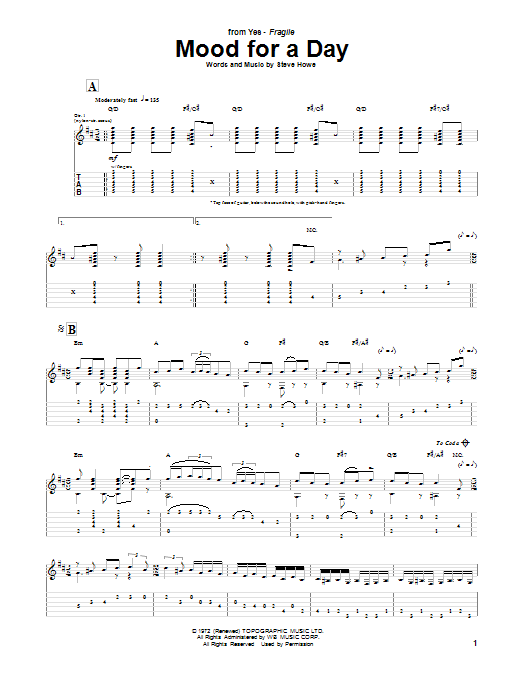 Yes Mood For A Day Sheet Music Notes & Chords for Guitar Tab - Download or Print PDF