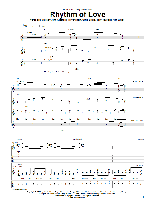Yes Rhythm Of Love Sheet Music Notes & Chords for Guitar Tab - Download or Print PDF