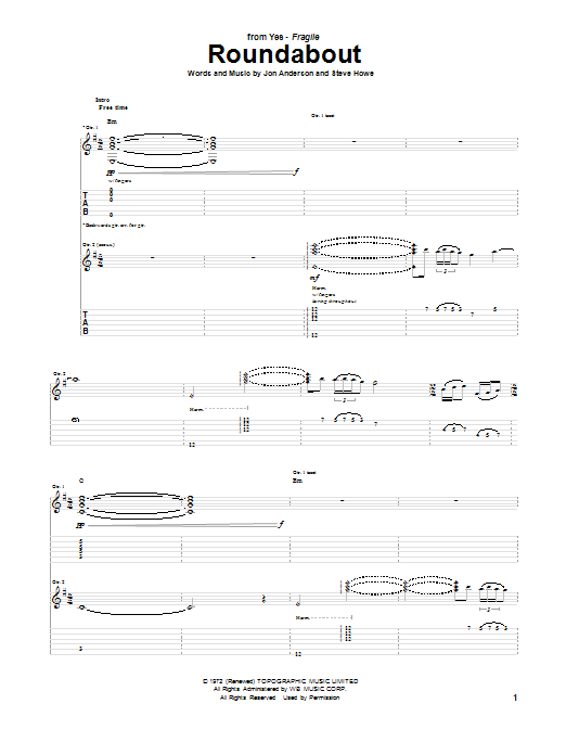 Yes Roundabout Sheet Music Notes & Chords for Guitar Tab - Download or Print PDF
