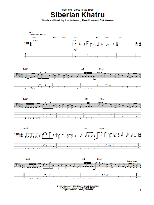 Yes Siberian Khatru Sheet Music Notes & Chords for Bass Guitar Tab - Download or Print PDF