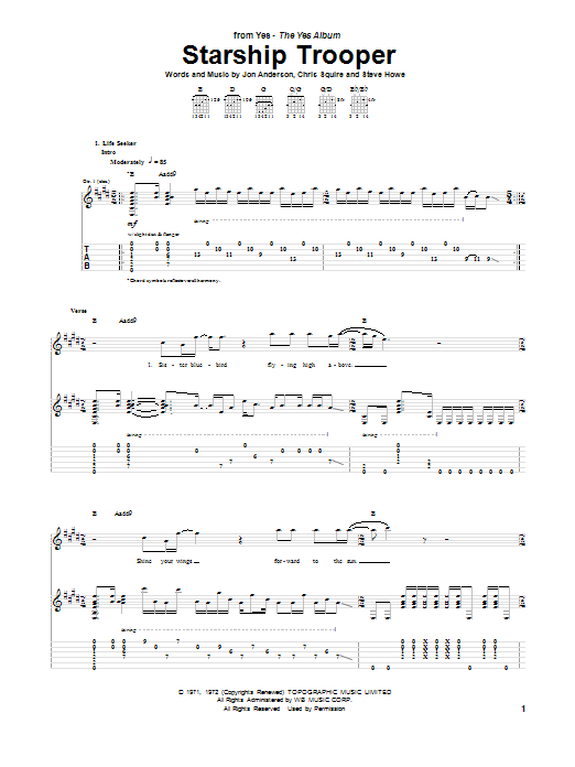 Yes Starship Trooper Sheet Music Notes & Chords for Bass Guitar Tab - Download or Print PDF