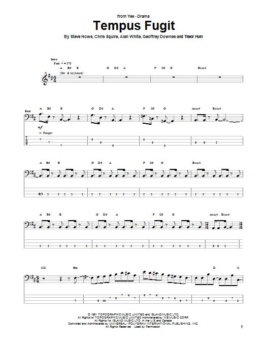 Yes Tempus Fugit Sheet Music Notes & Chords for Bass Guitar Tab - Download or Print PDF