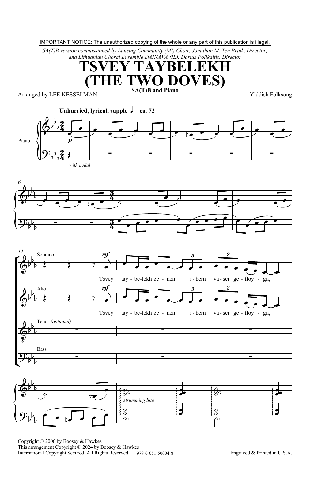 Yiddish Folksong Tsvey Taybelekh (The Two Doves) (arr. Lee R. Kesselman) Sheet Music Notes & Chords for SATB Choir - Download or Print PDF