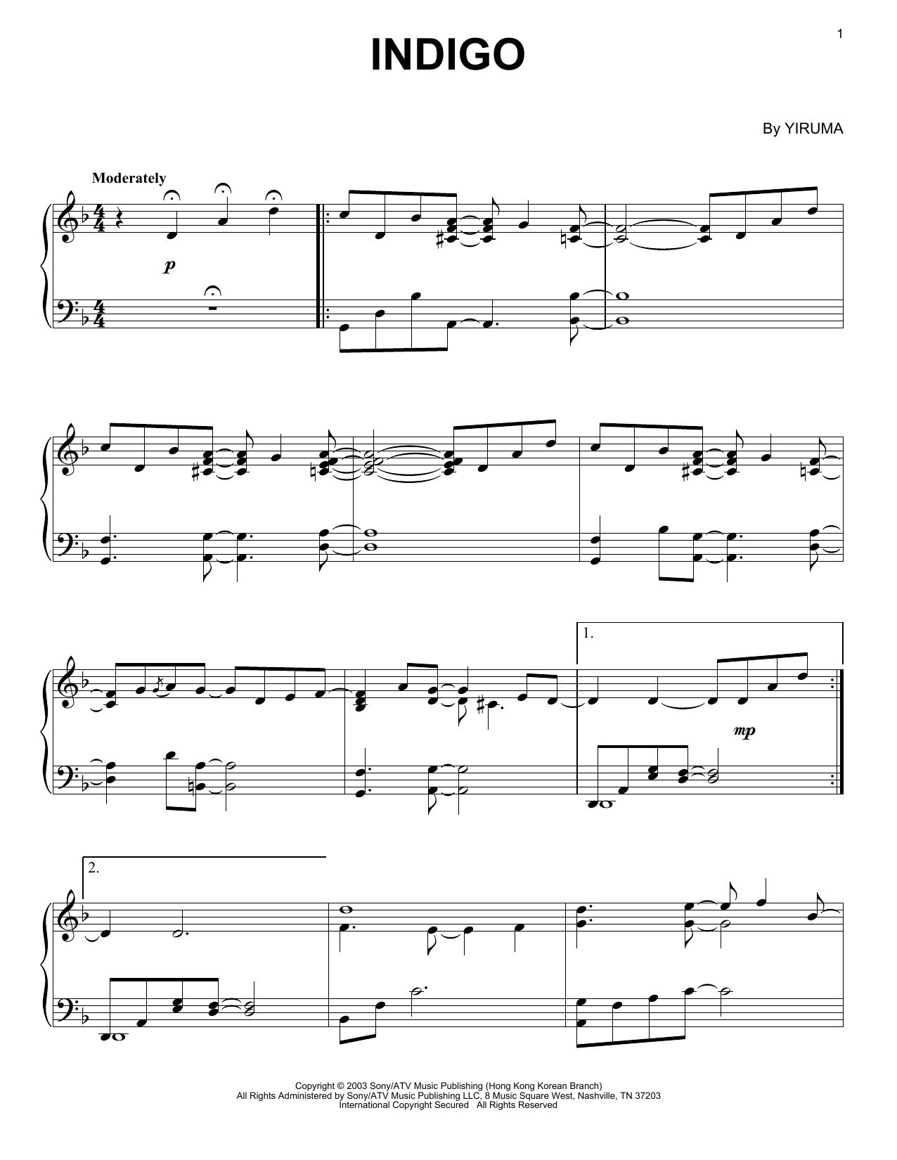 Yiruma Indigo Sheet Music Notes & Chords for Easy Piano - Download or Print PDF