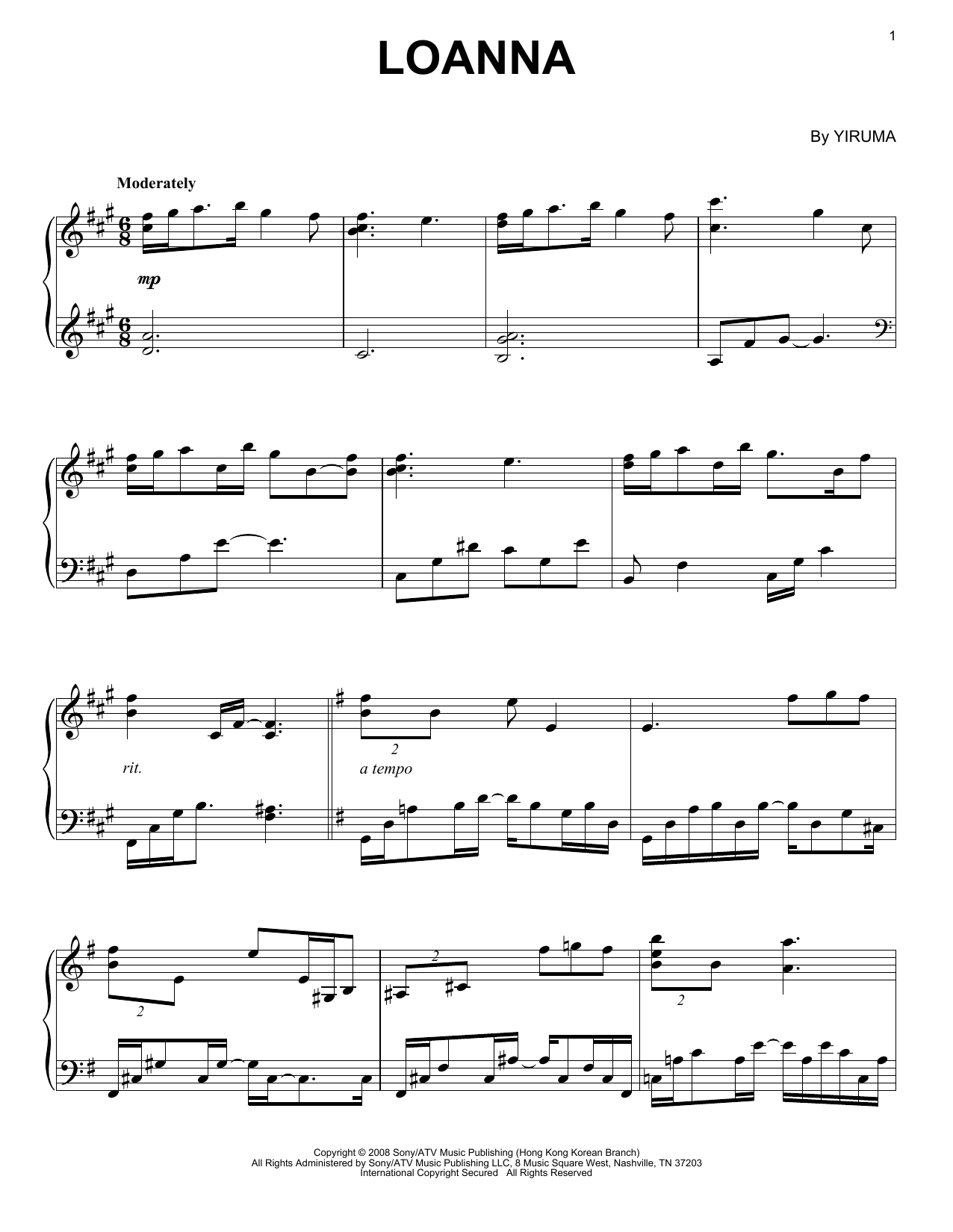 Yiruma Loanna Sheet Music Notes & Chords for Piano - Download or Print PDF