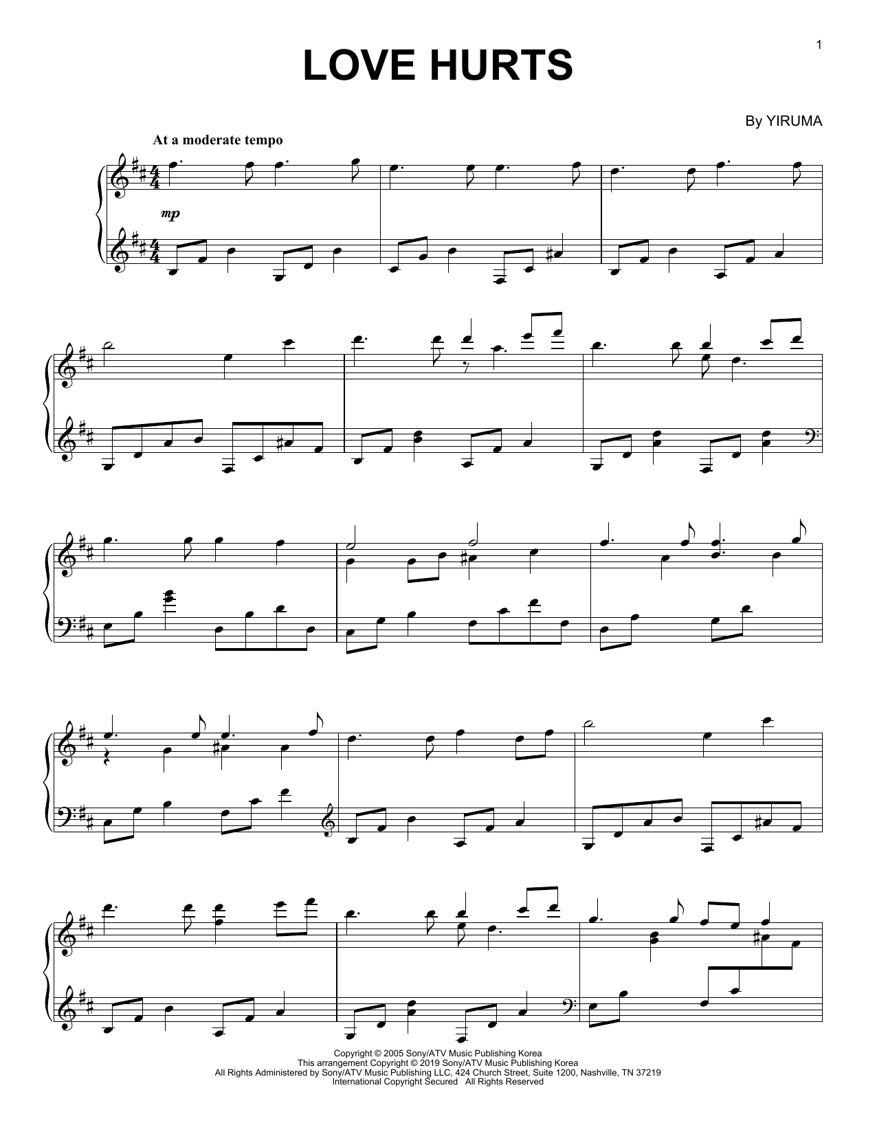 Yiruma Love Hurts Sheet Music Notes & Chords for Piano Solo - Download or Print PDF