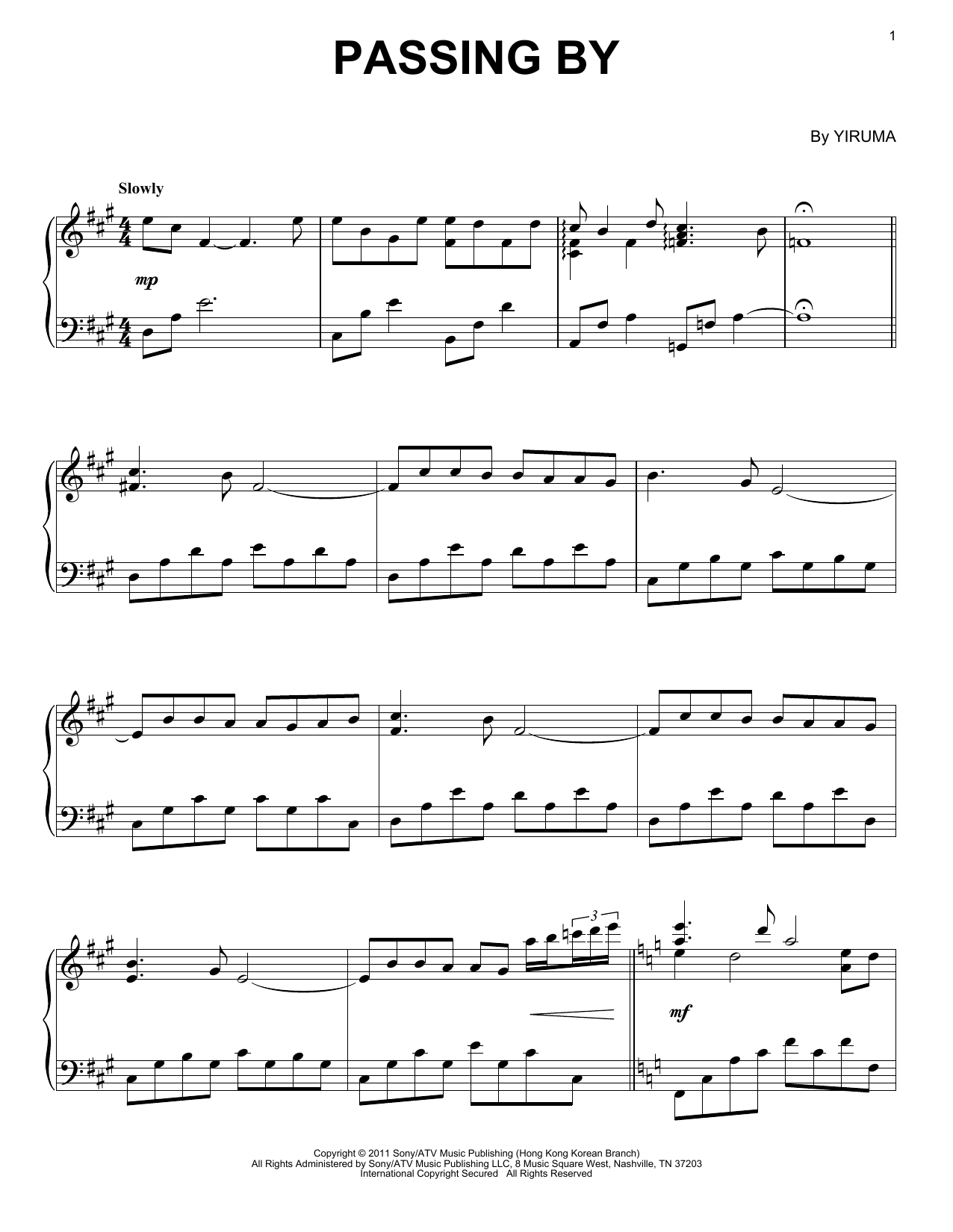 Yiruma Passing By Sheet Music Notes & Chords for Piano - Download or Print PDF