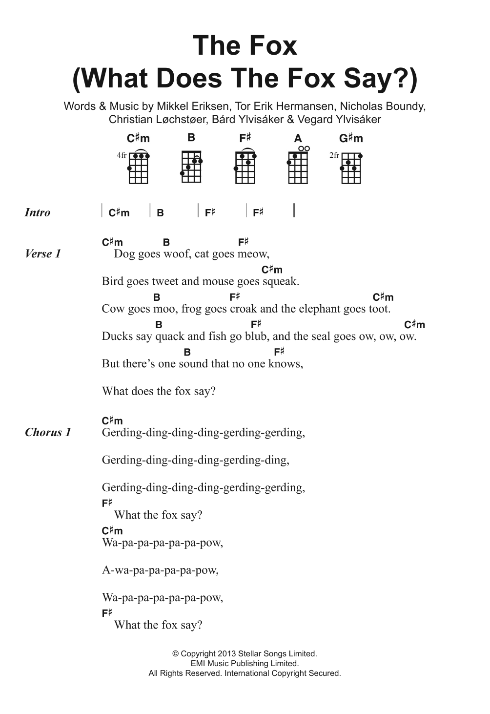 Ylvis The Fox (What Does The Fox Say?) Sheet Music Notes & Chords for Ukulele Lyrics & Chords - Download or Print PDF