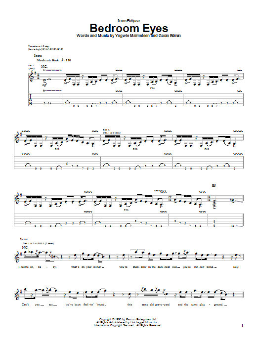 Yngwie Malmsteen Bedroom Eyes Sheet Music Notes & Chords for Guitar Tab - Download or Print PDF