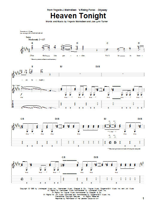 Yngwie Malmsteen Heaven Tonight Sheet Music Notes & Chords for Guitar Tab - Download or Print PDF