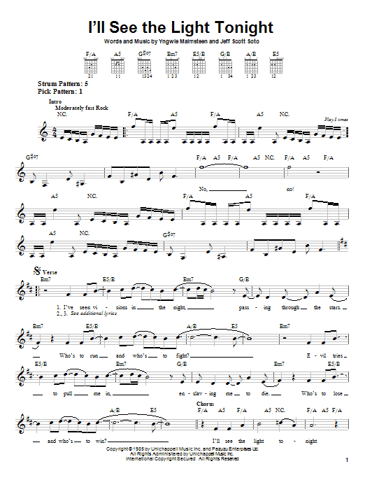 Yngwie Malmsteen I'll See The Light Tonight sheet music notes and chords. Download Printable PDF.