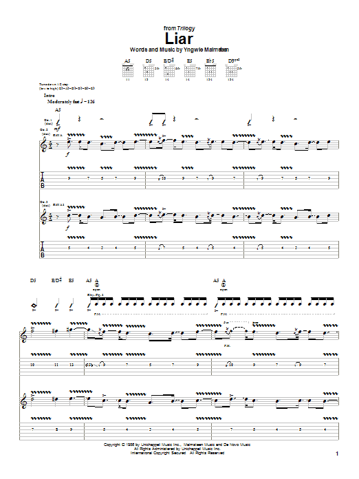 Yngwie Malmsteen Liar Sheet Music Notes & Chords for Guitar Tab - Download or Print PDF