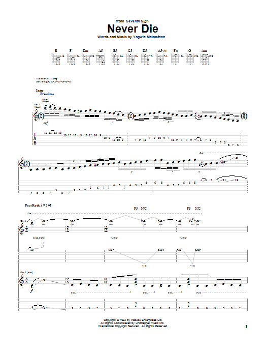 Yngwie Malmsteen Never Die Sheet Music Notes & Chords for Guitar Tab - Download or Print PDF