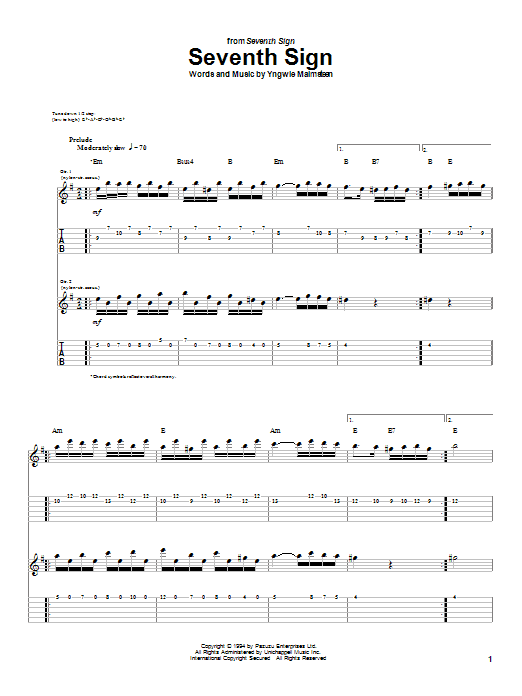 Yngwie Malmsteen Seventh Sign Sheet Music Notes & Chords for Guitar Tab - Download or Print PDF