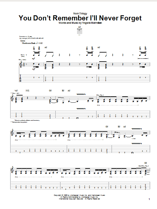 Yngwie Malmsteen You Don't Remember I'll Never Forget Sheet Music Notes & Chords for Guitar Tab - Download or Print PDF