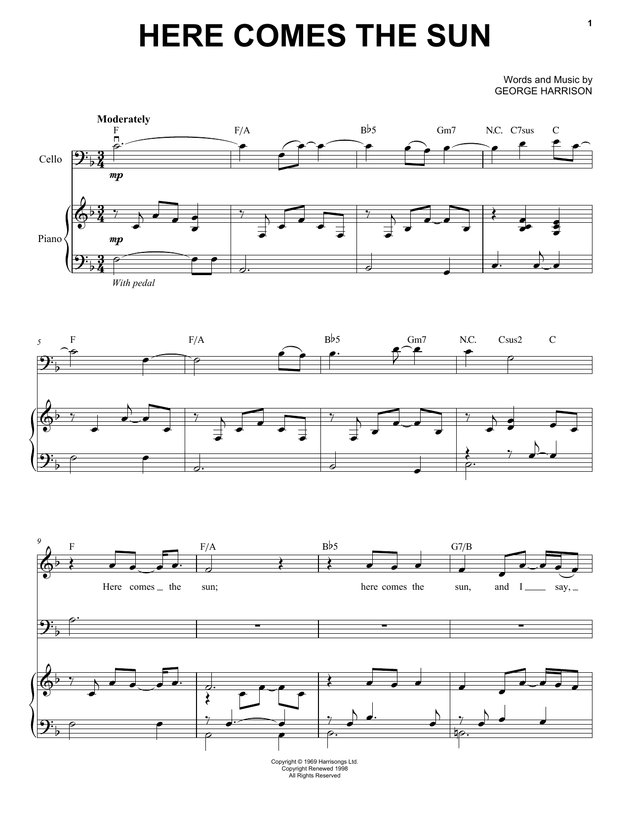 Yo-Yo Ma Here Comes The Sun Sheet Music Notes & Chords for Piano, Vocal & Guitar (Right-Hand Melody) - Download or Print PDF