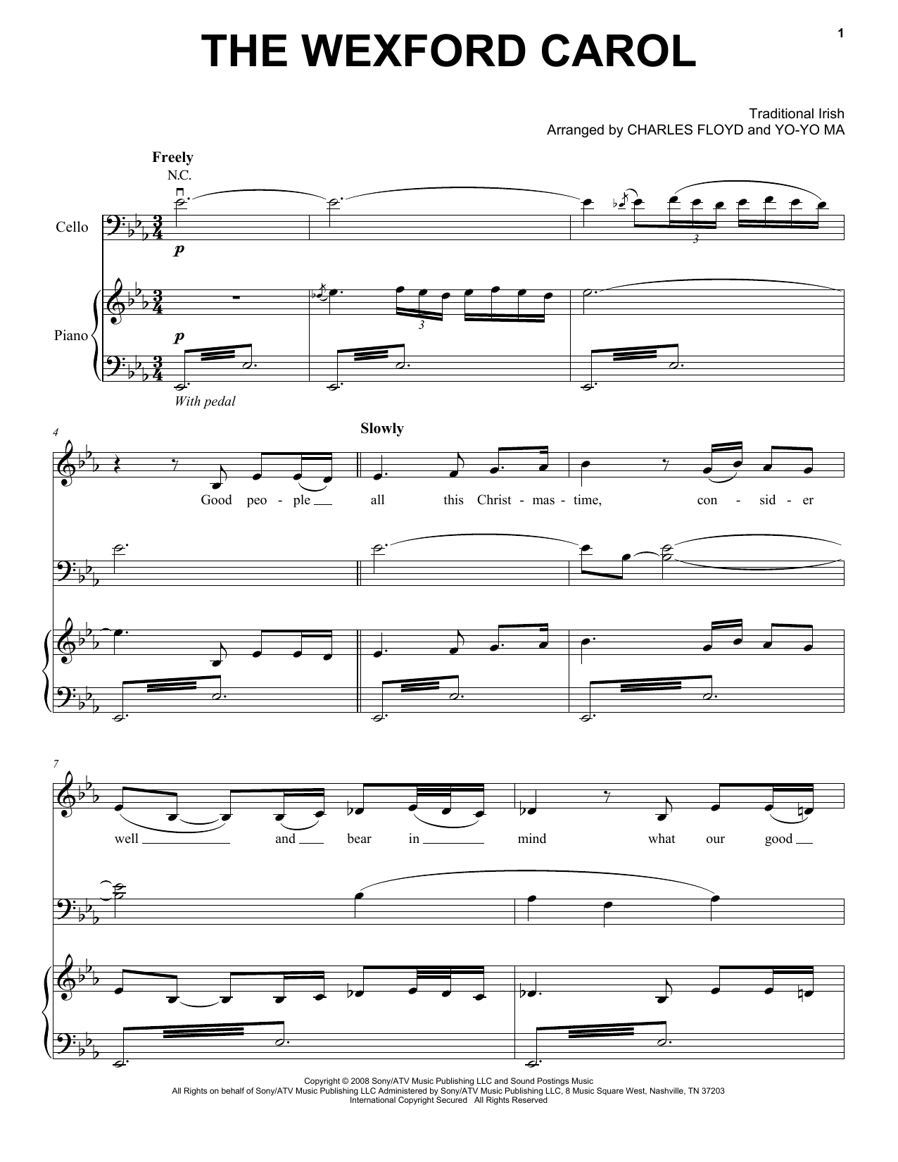 Yo-Yo Ma The Wexford Carol Sheet Music Notes & Chords for Piano, Vocal & Guitar (Right-Hand Melody) - Download or Print PDF