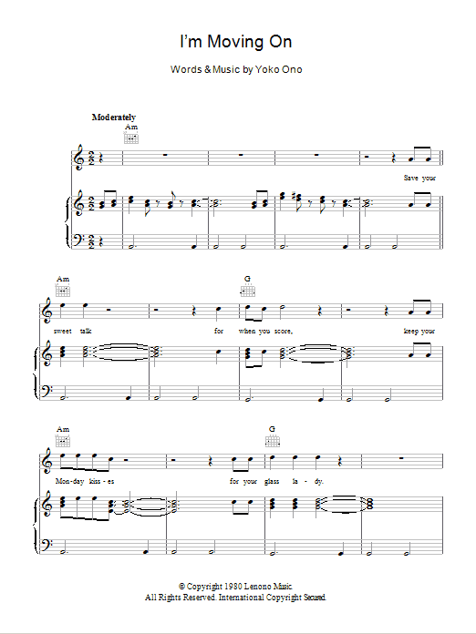 Yoko Ono I'm Moving On Sheet Music Notes & Chords for Piano, Vocal & Guitar (Right-Hand Melody) - Download or Print PDF