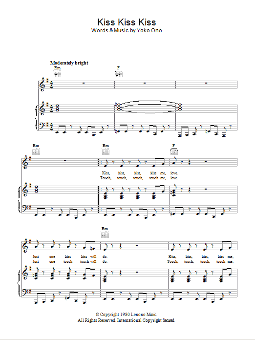 Yoko Ono Kiss, Kiss, Kiss Sheet Music Notes & Chords for Piano, Vocal & Guitar (Right-Hand Melody) - Download or Print PDF
