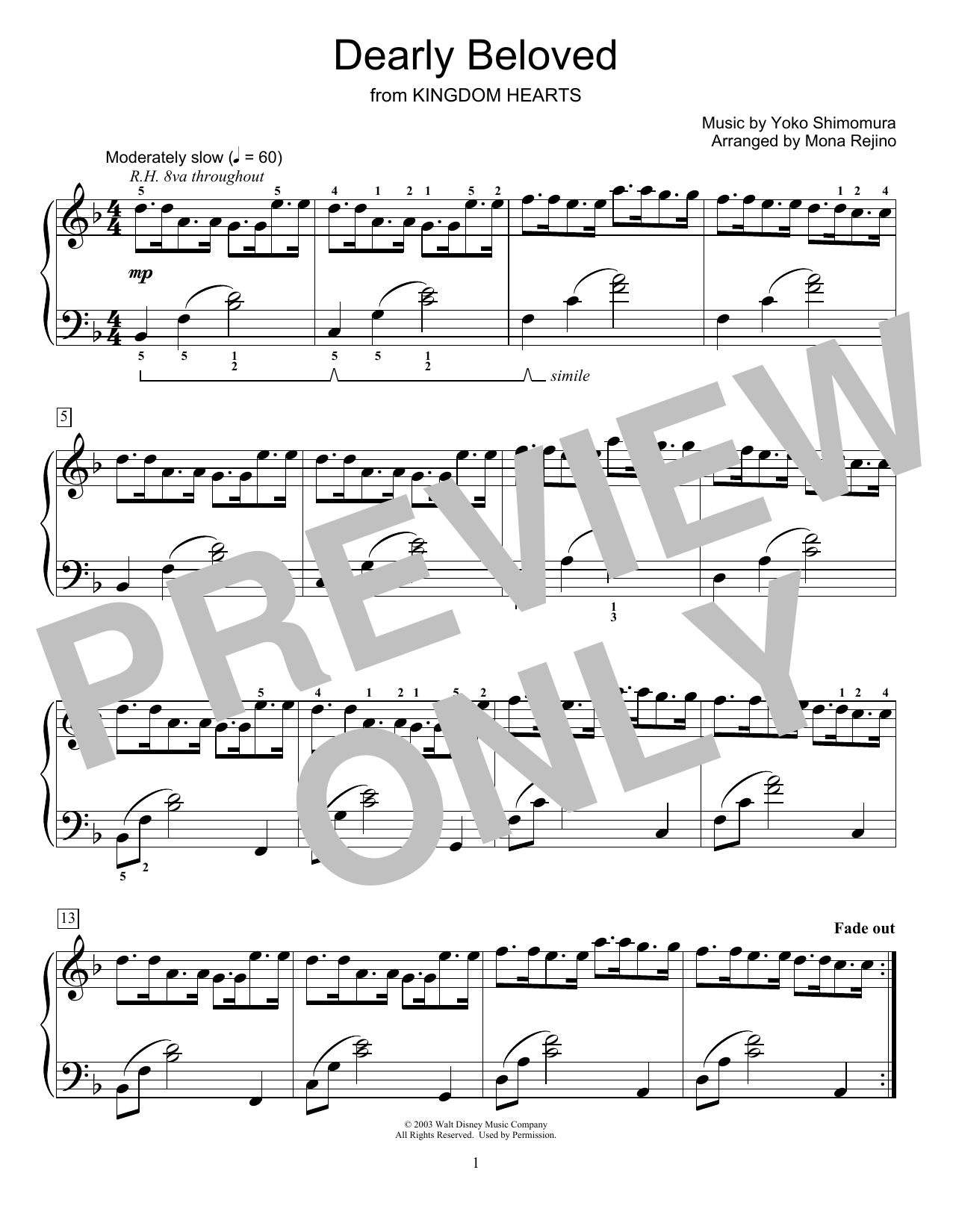 Yoko Shimomura Dearly Beloved (from Kingdom Hearts) (arr. Mona Rejino) Sheet Music Notes & Chords for Educational Piano - Download or Print PDF