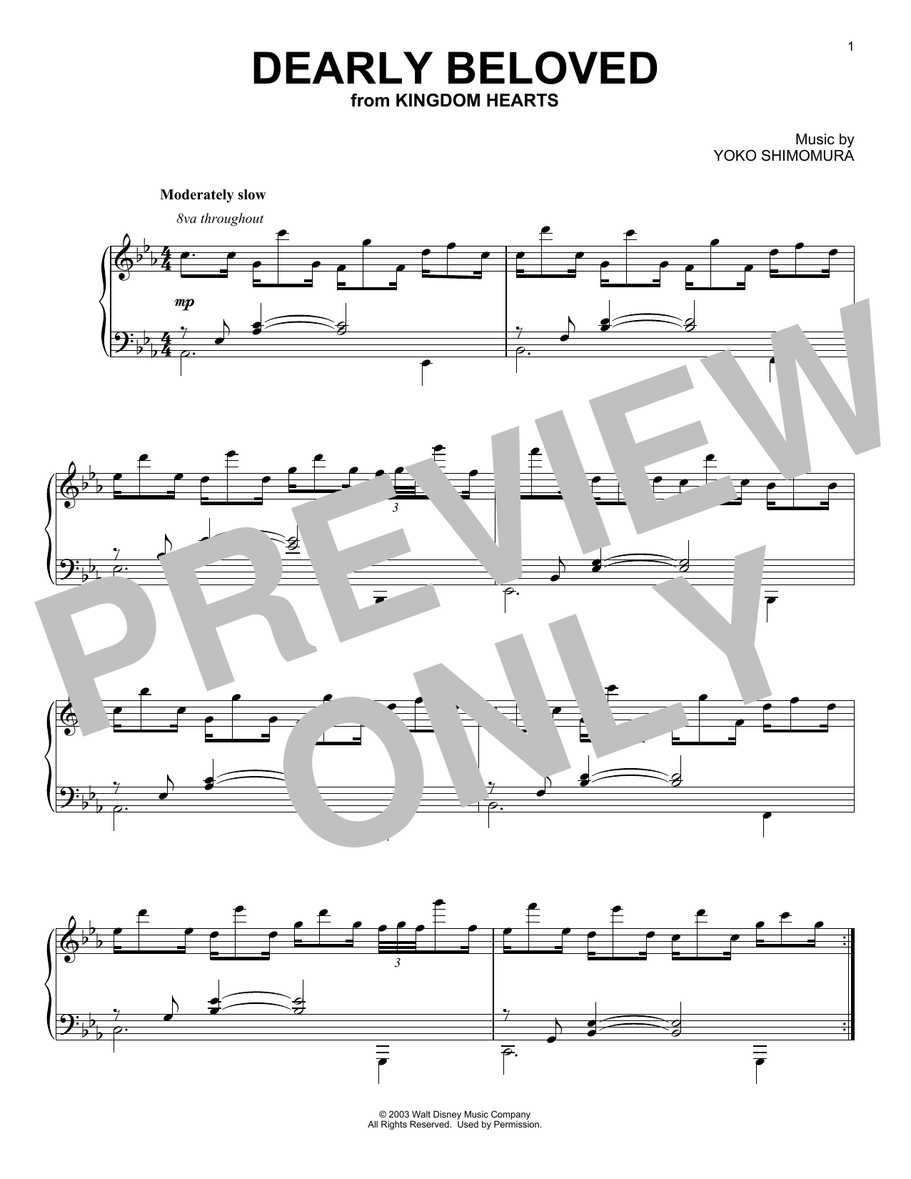 Yoko Shimomura Dearly Beloved Sheet Music Notes & Chords for Piano - Download or Print PDF