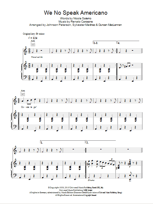 Yolanda Be Cool & DCUP We No Speak Americano Sheet Music Notes & Chords for Piano, Vocal & Guitar (Right-Hand Melody) - Download or Print PDF