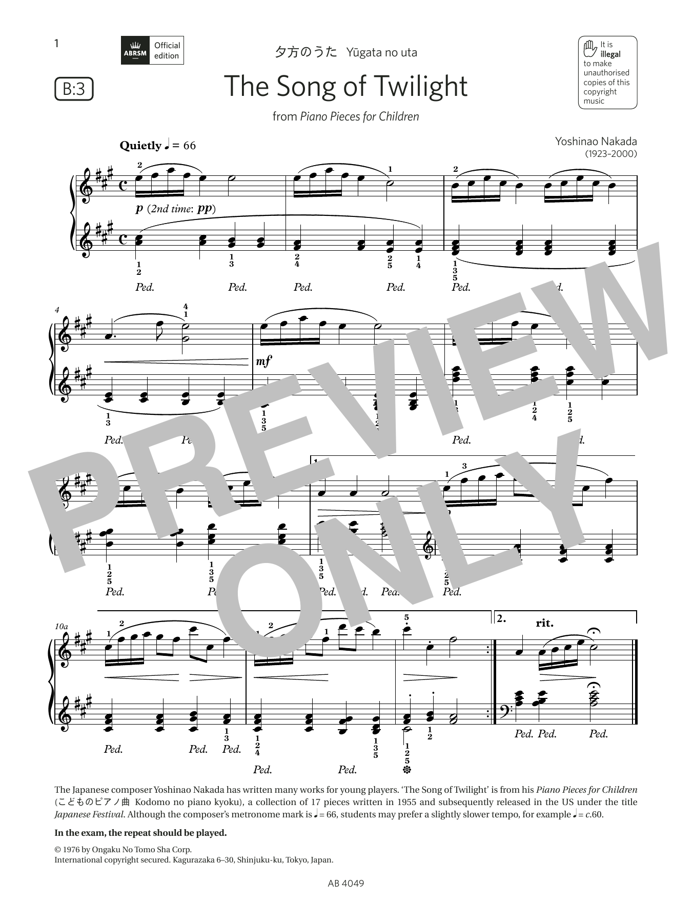 Yoshinao Nakada The Song of Twilight (Grade 3, list B3, from the ABRSM Piano Syllabus 2023 & 2024) Sheet Music Notes & Chords for Piano Solo - Download or Print PDF