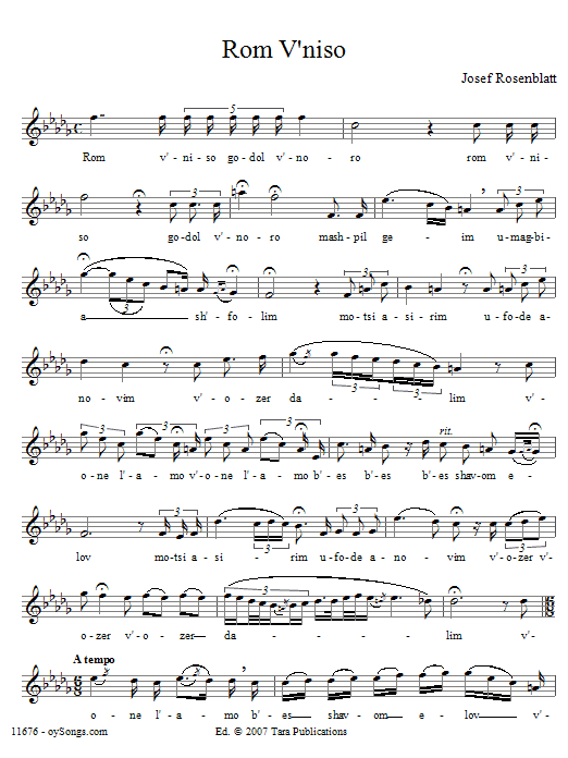 Yossele Rosenblatt Rom V'niso Sheet Music Notes & Chords for Voice - Download or Print PDF