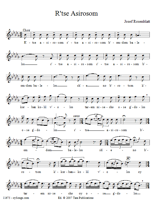 Yossele Rosenblatt R'tse Asirosom Sheet Music Notes & Chords for Voice - Download or Print PDF