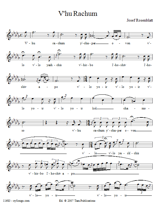 Yossele Rosenblatt V'hu Rachum Sheet Music Notes & Chords for Voice - Download or Print PDF