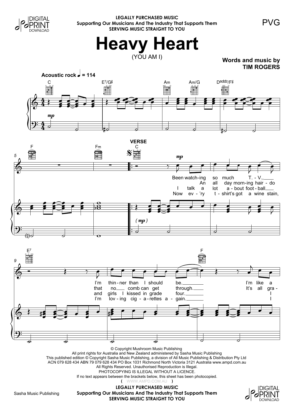 You Am I Heavy Heart Sheet Music Notes & Chords for Piano, Vocal & Guitar (Right-Hand Melody) - Download or Print PDF