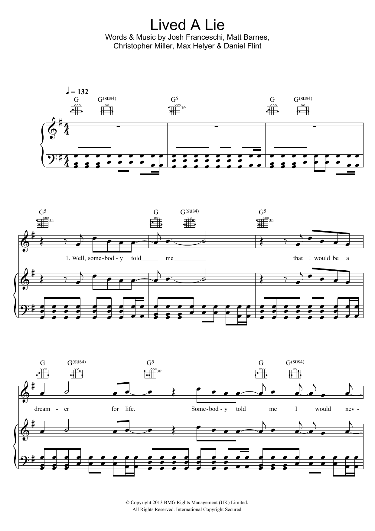 You Me At Six Lived A Lie Sheet Music Notes & Chords for Piano, Vocal & Guitar (Right-Hand Melody) - Download or Print PDF
