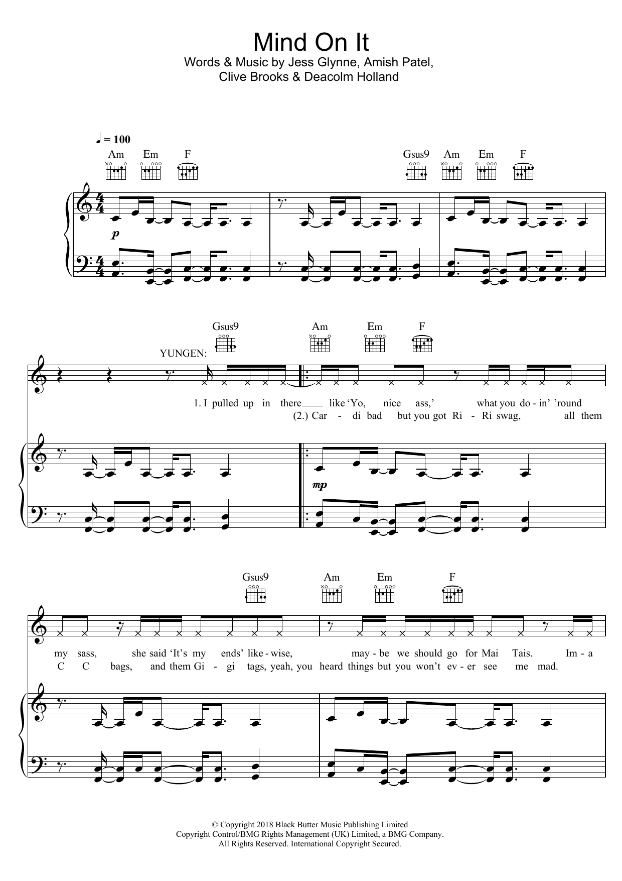 Yungen Mind On It (featuring Jess Glynne) Sheet Music Notes & Chords for Piano, Vocal & Guitar (Right-Hand Melody) - Download or Print PDF