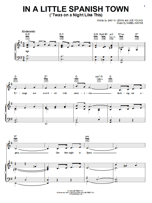 Yusef Lateef In A Little Spanish Town ('Twas On A Night Like This) Sheet Music Notes & Chords for Piano, Vocal & Guitar (Right-Hand Melody) - Download or Print PDF