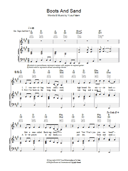 Yusuf Islam Boots And Sand Sheet Music Notes & Chords for Piano, Vocal & Guitar (Right-Hand Melody) - Download or Print PDF Yusuf Islam Boots And Sand Sheet Music Notes & Chords for Piano, Vocal & Guitar (Right-Hand Melody) - Download or Print PDF