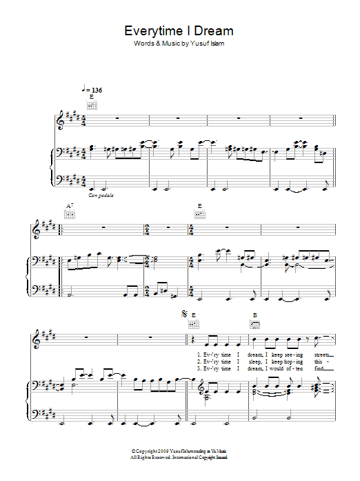 Yusuf Islam Everytime I Dream Sheet Music Notes & Chords for Piano, Vocal & Guitar (Right-Hand Melody) - Download or Print PDF