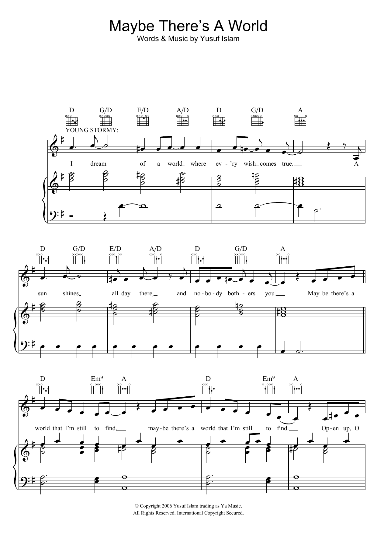 Yusuf Islam Maybe There's A World (from the musical 'Moonshadow') Sheet Music Notes & Chords for Piano, Vocal & Guitar - Download or Print PDF
