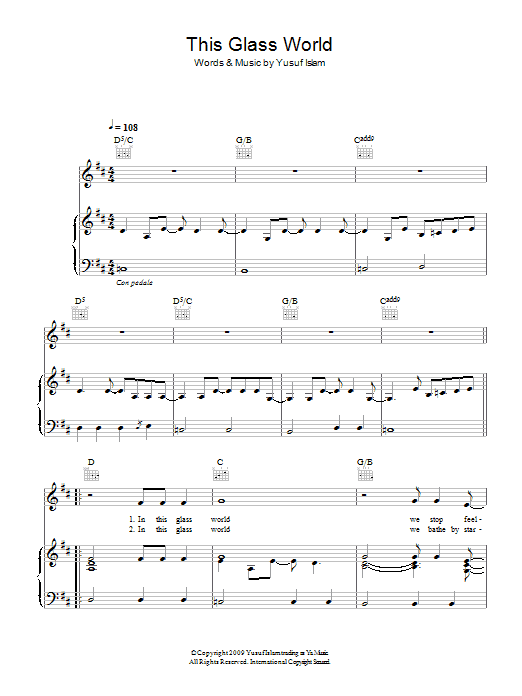 Yusuf Islam This Glass World Sheet Music Notes & Chords for Piano, Vocal & Guitar (Right-Hand Melody) - Download or Print PDF